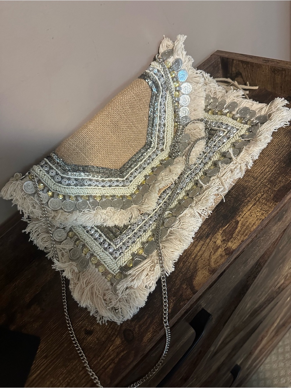 Embellished Fringe Coin Clutch in Cream and Gold - Picture 1 of 5